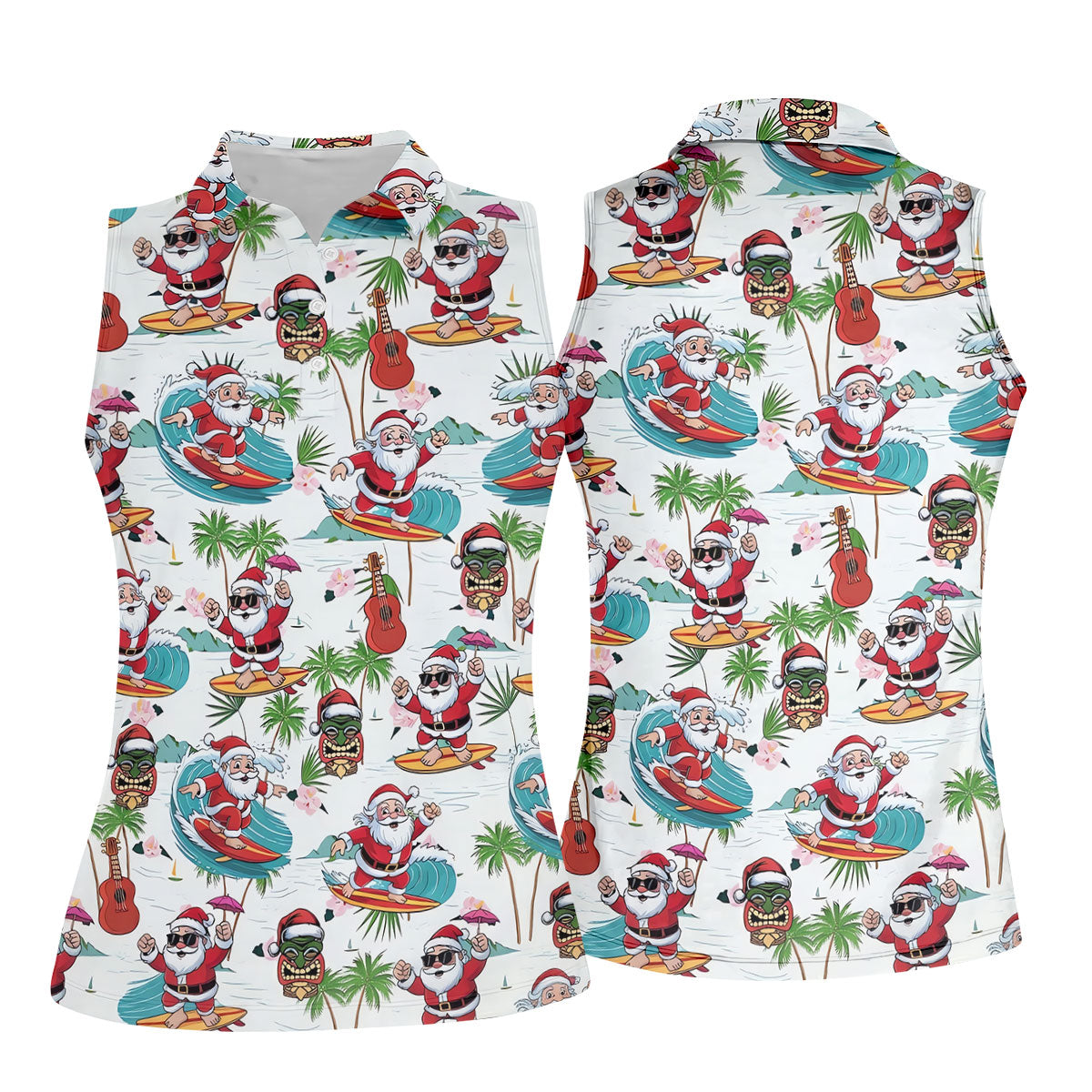Surfing Santa Tropical Christmas Golf Shirt, Christmas Golf Shirt, Women’s Golf Polo