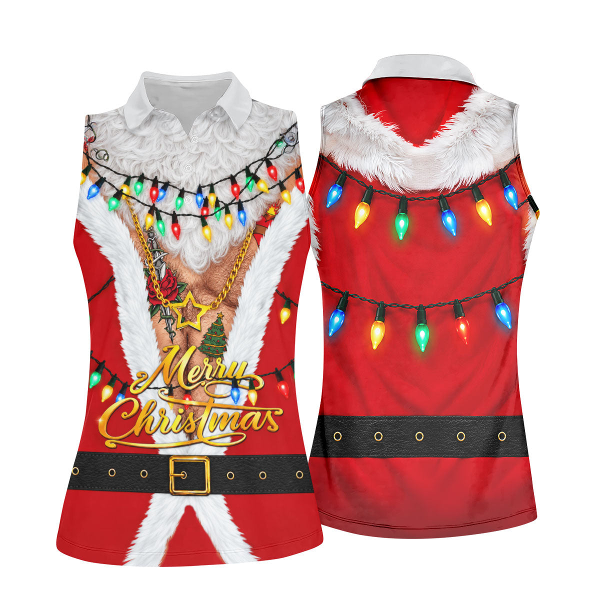 Merry Christmas Santa Lights Gold Chain Polo Shirt, Women’s Golf Polo, Golf Tops For Women