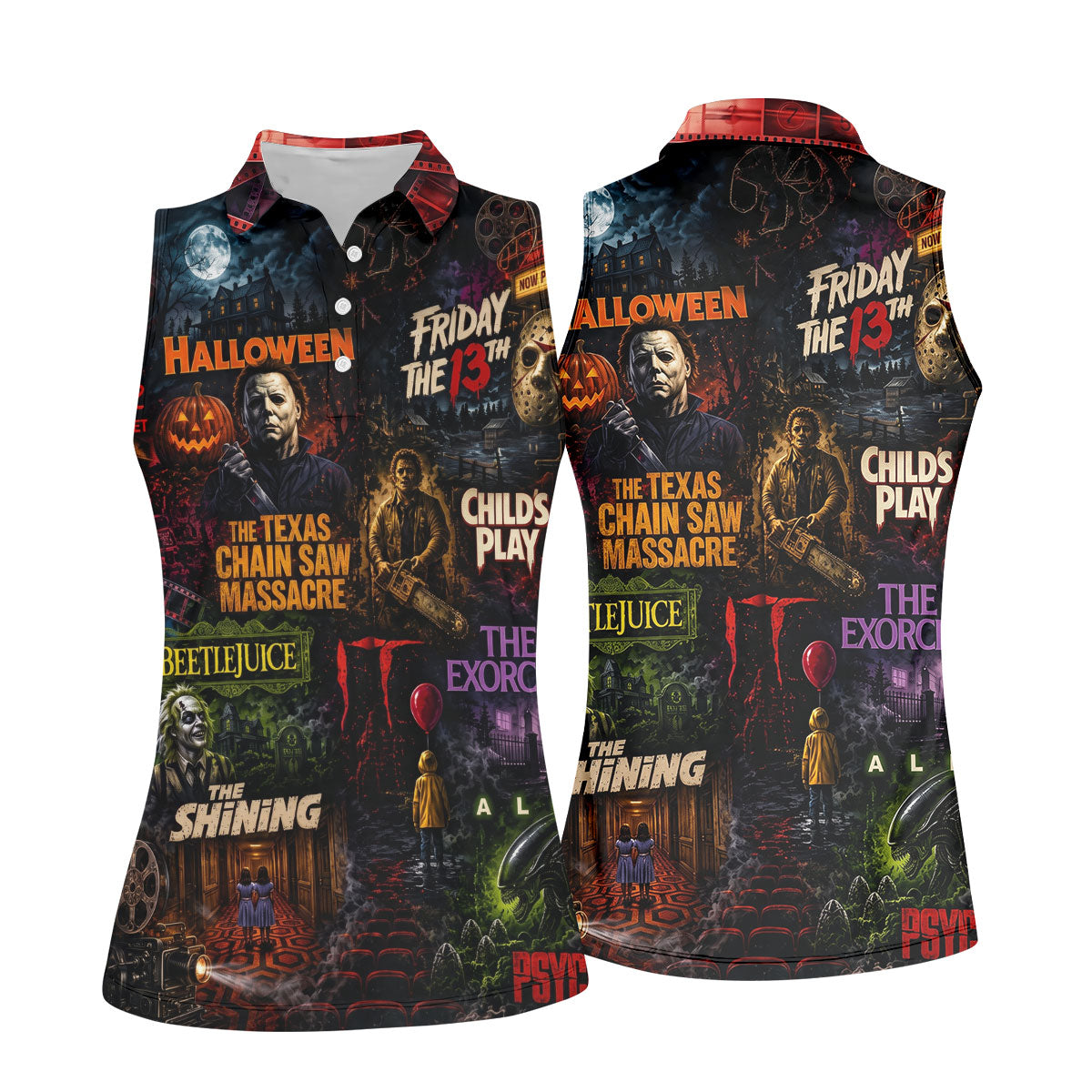 Classic Horror Character Movie Poster Collage Golf Polo Shirt, Women's Golf Polo, Printed Golf Shirts
