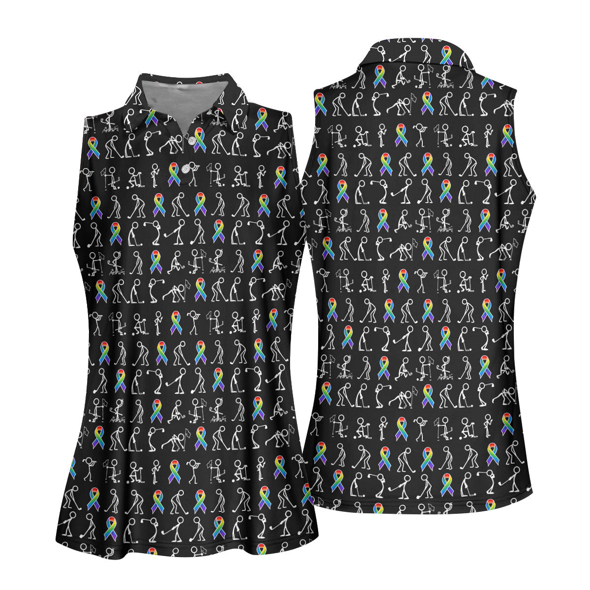 Rainbow Cancer Ribbon Stick Figure Golf Pattern Shirt, Women’s Golf Polo, Ladies Golf Tops