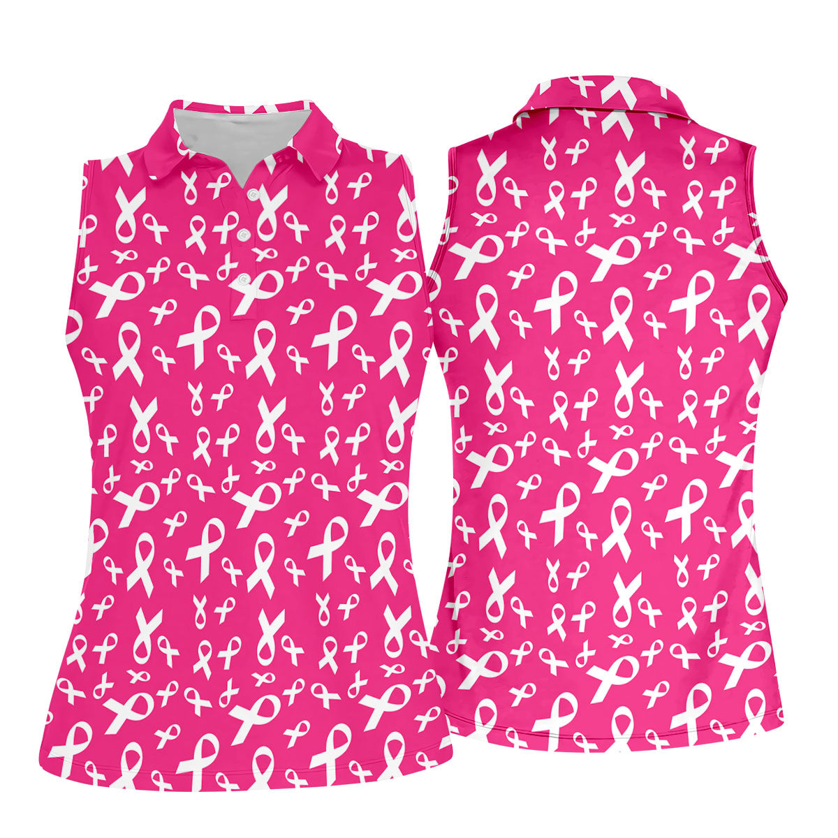 Hot Pink Breast Cancer Awareness Ribbon Polo Shirt, Ladies Golf Tops, Women’s Golf Polo