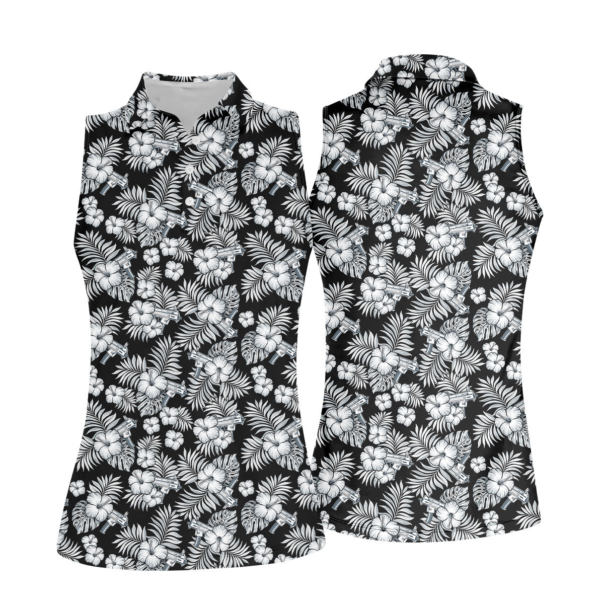Black And White Pattern Tropical Hawaiian Golf Shirt, Summer Theme Golf Shirt For Women