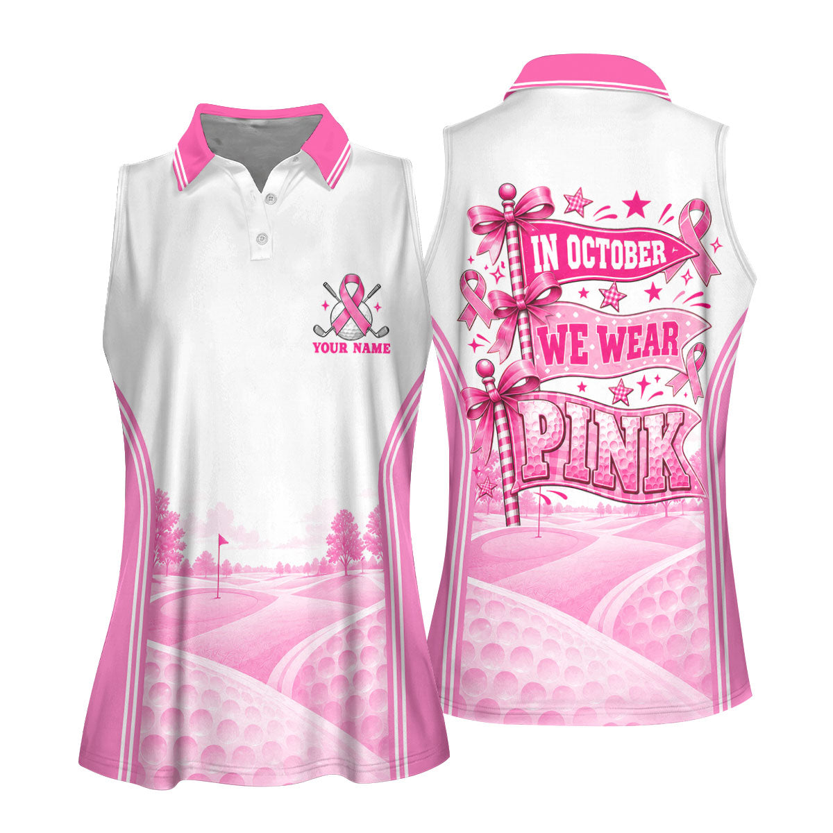 In October We Wear Pink Breast Cancer Polo Shirt, Golf Tops For Women, Ladies Golf Tops