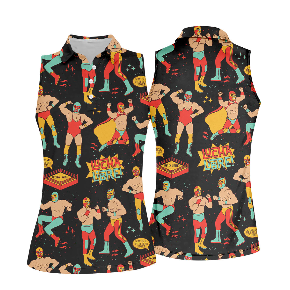 Black Lucha Libre Mexican Wrestler Pattern Golf Shirt, Ladies Golf Shirts, Golf Polo For Women