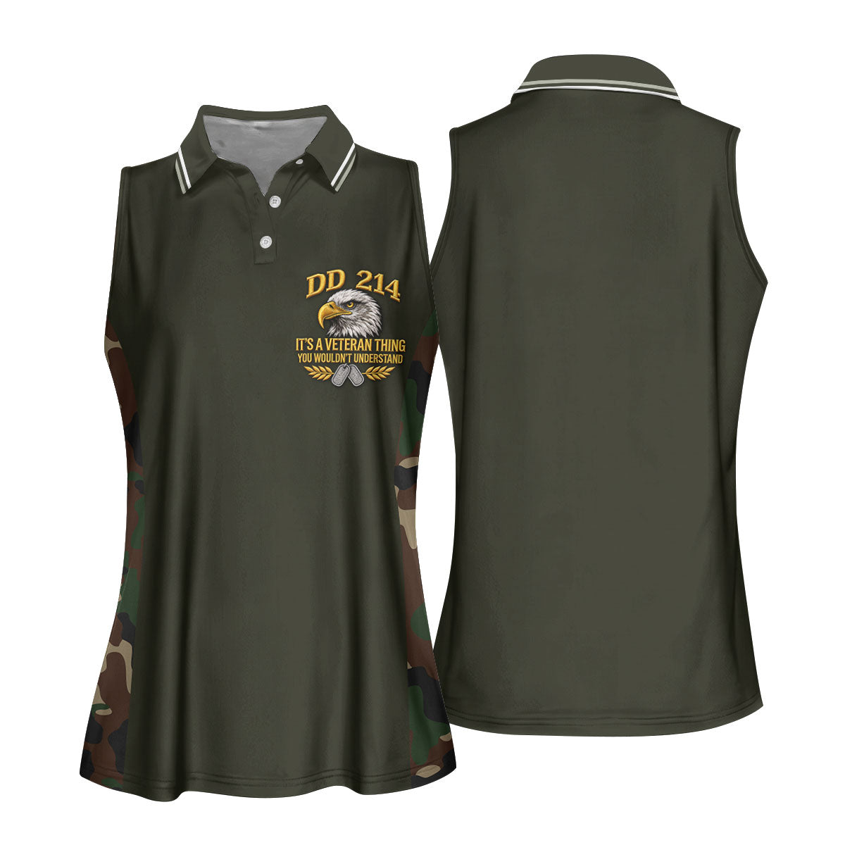 DD-214 Eagle Olive Green Camo Polo Shirt, Womens Golf Shirts, Veterans Day Golf Shirt