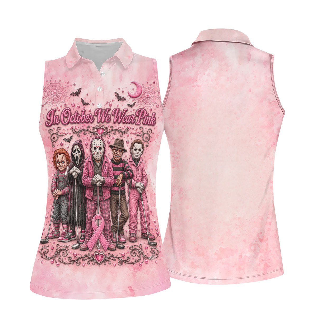 In October We Wear Pink Breast Cancer Horror Characters Golf Polo, Golf Shirts For Women