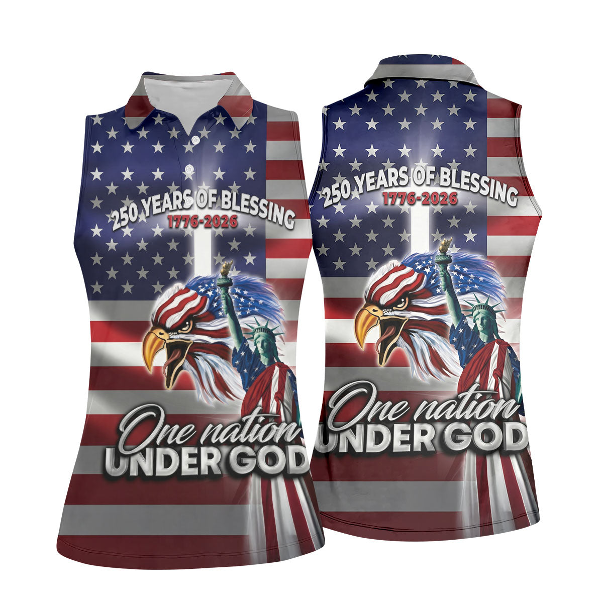 One Nation Under God 250 Years Of Blessing US Flag Golf Shirt, 4th Of July Golf Shirt For Women