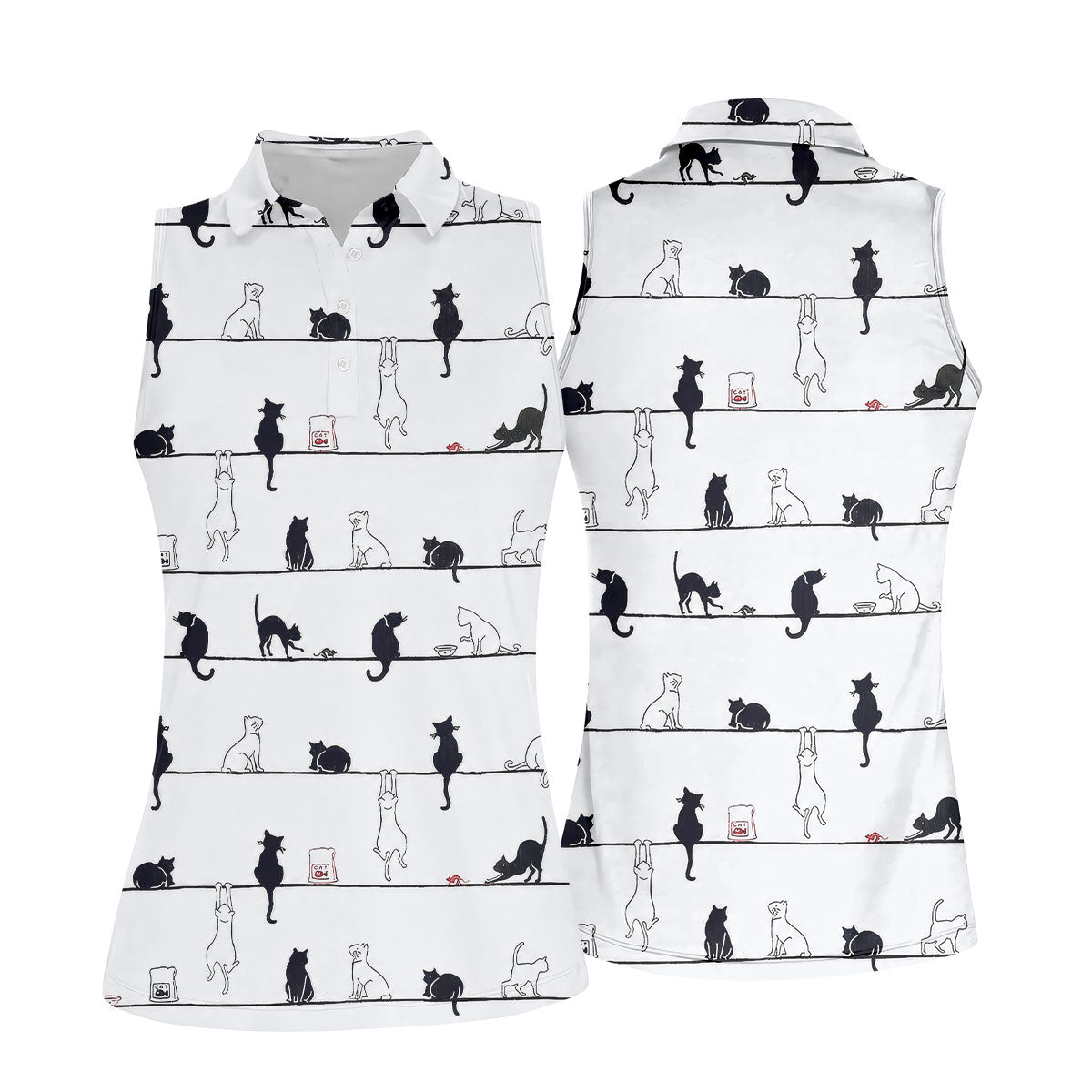 Cute Black and White Cats Pattern Golf Shirt, Women's Golf Tops, Golf Shirts For Women