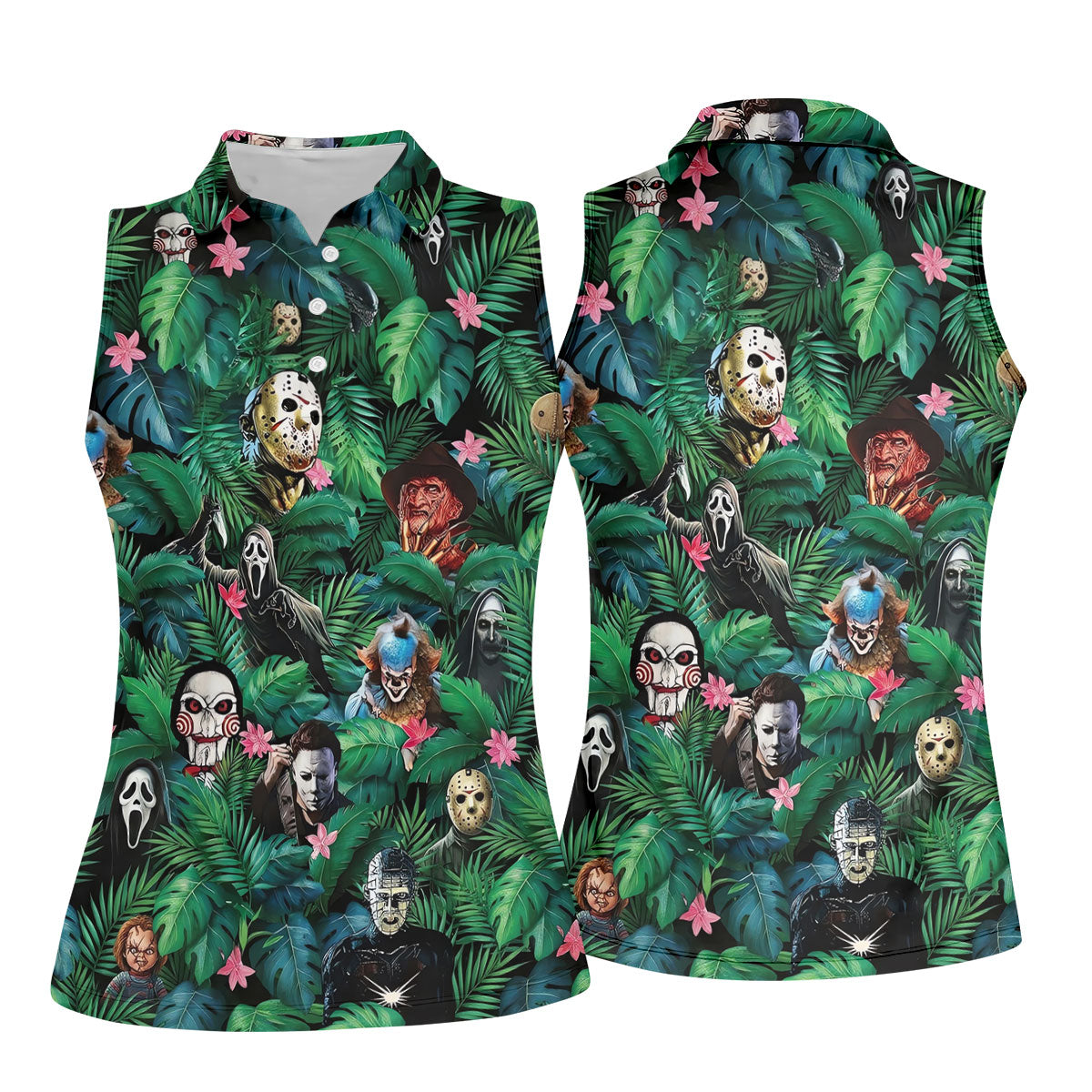 Tropical Horror Character Pattern Golf Polo Shirt, Womens Golf Polo, Ladies Golf Shirts