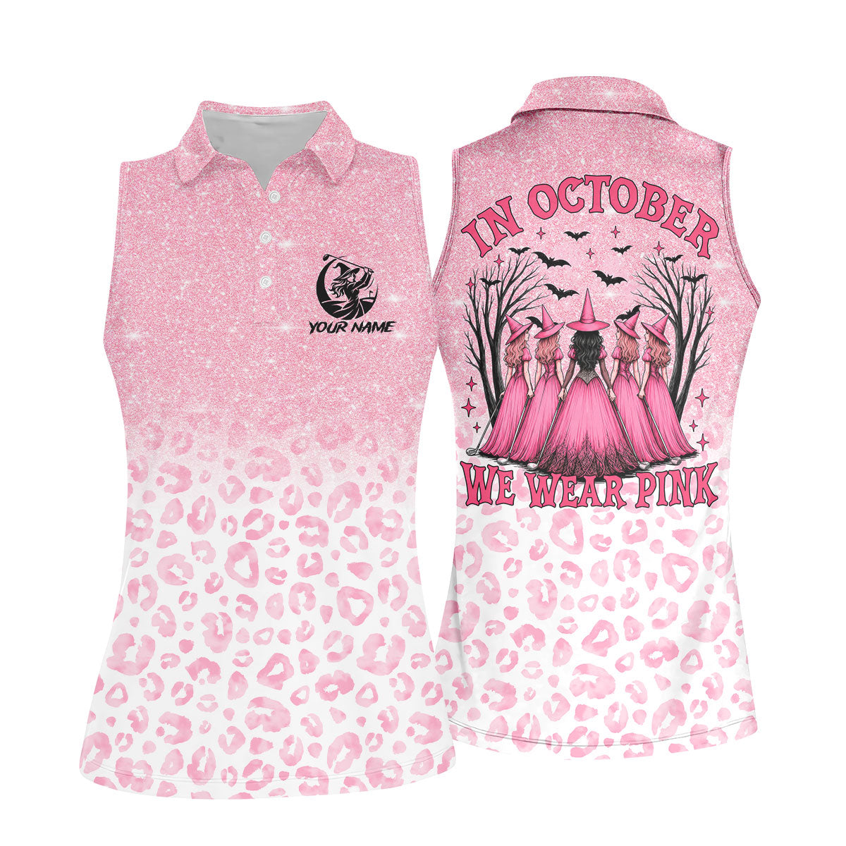 Custom Name In October We Wear Pink Halloween Golf Shirt, Women's Golf Polo, Ladies Golf Top