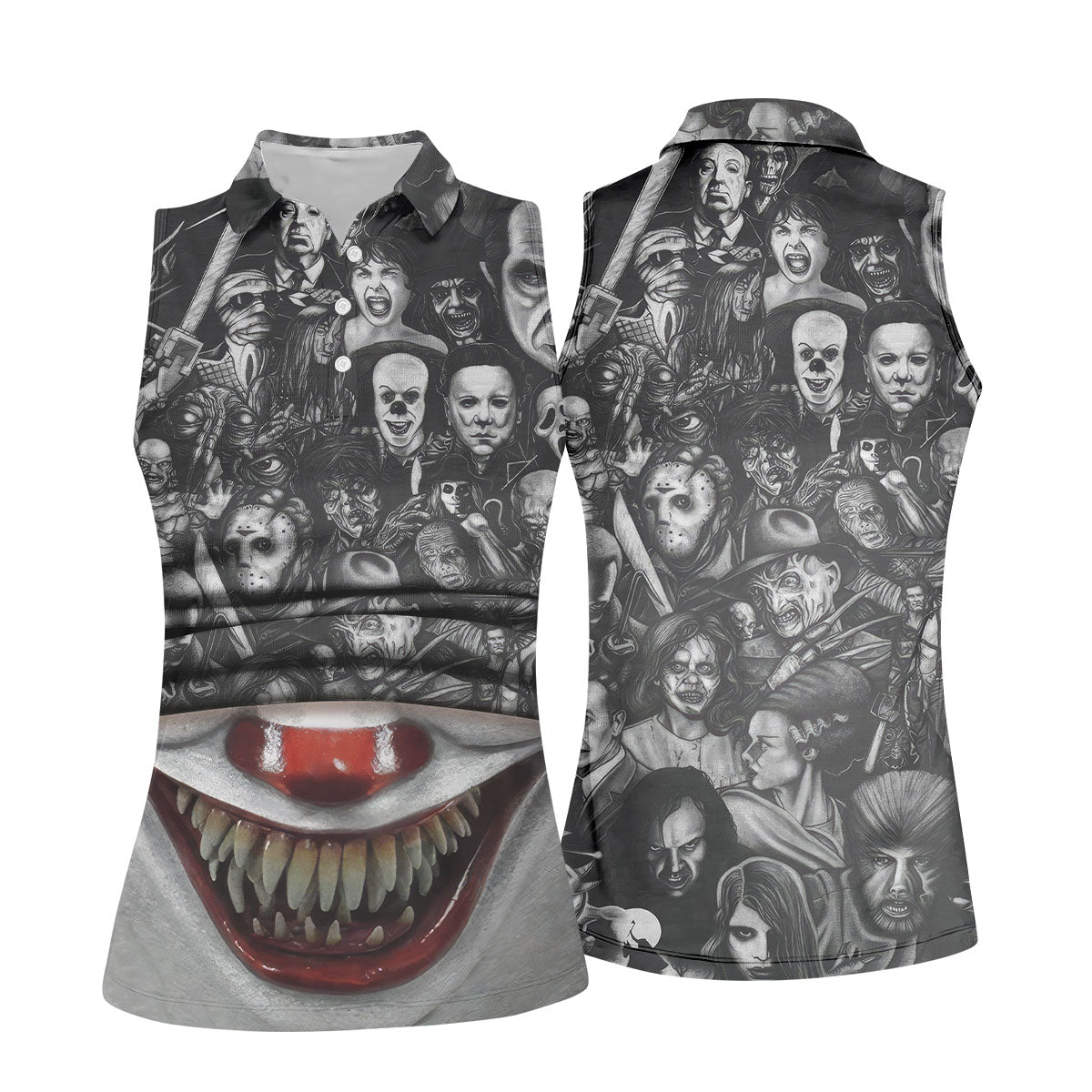 Sharp Teeth Clown Horror Character Halloween Polo Shirt, Womens Golf Tops, Ladies Golf Top