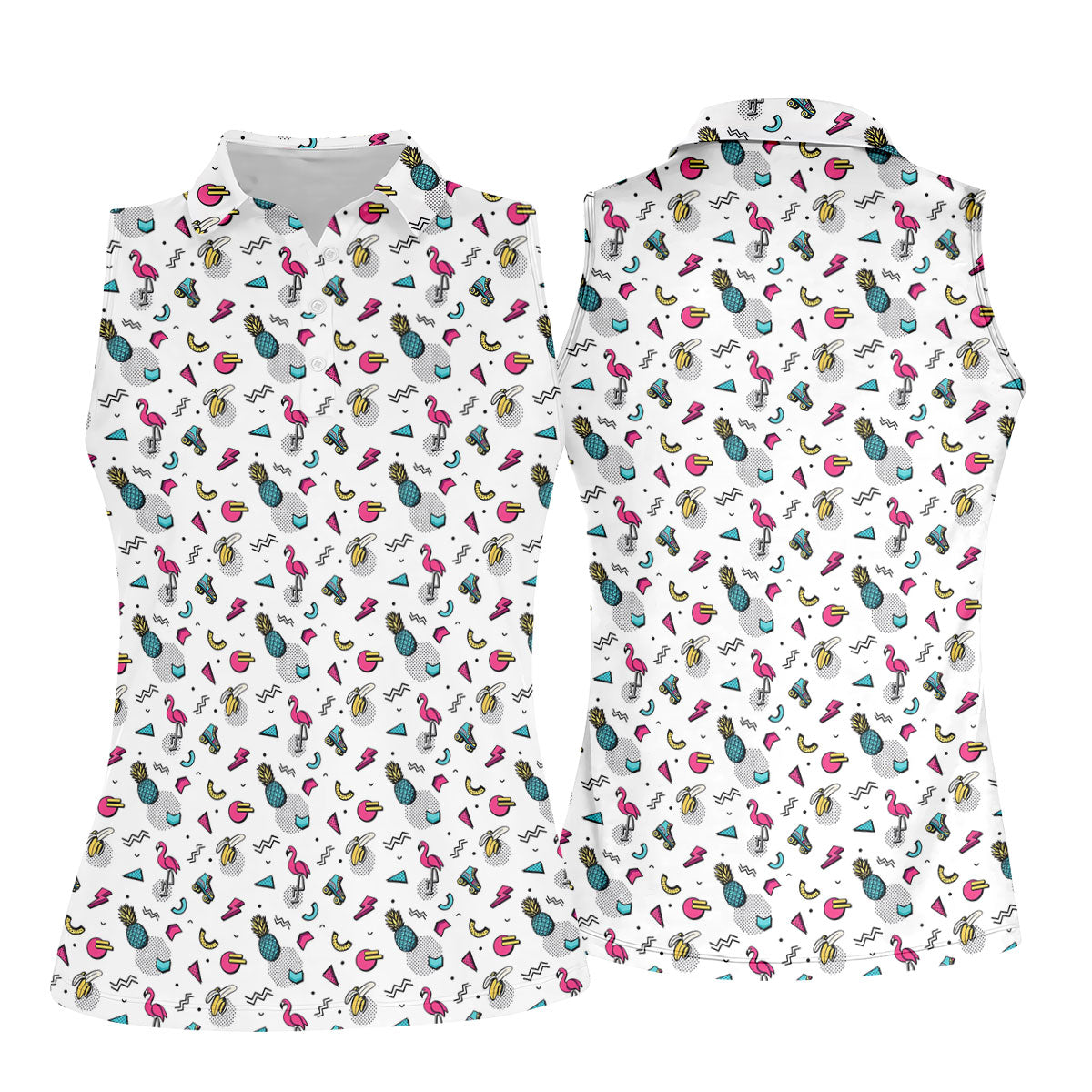 White Retro Summer Flamingo Pattern Golf Polo Shirt, Golf Shirts For Women, Women's Golf Polo