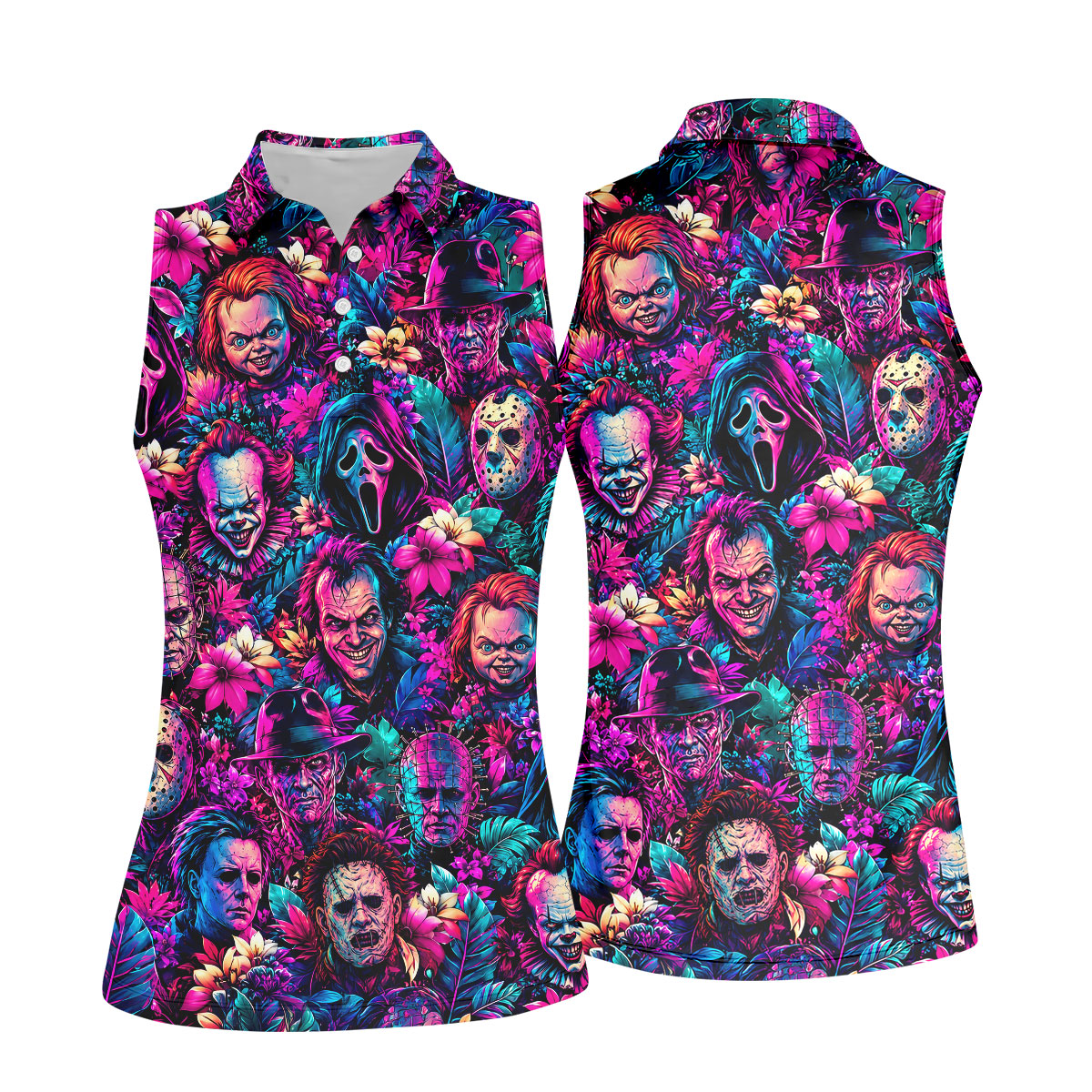 Neon Floral Horror Character Halloween Golf Shirt, Golf Shirts For Women, Women's Golf Apparel