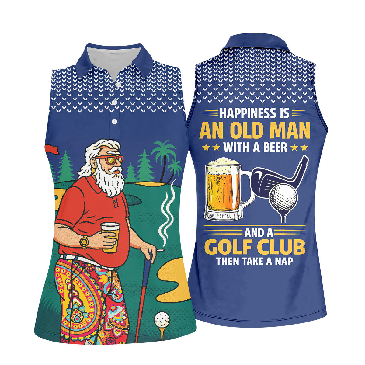 Retro Bearded Golfer Holding Beer Golf Polo Shirt, Women’s Golf Apparel, Ladies Golf Tops