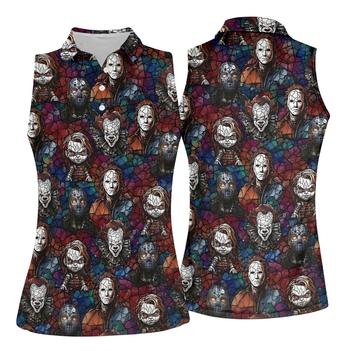 Stained Glass Horror Character Halloween Golf Shirt, Ladies Golf Shirts, Women’s Golf Polo