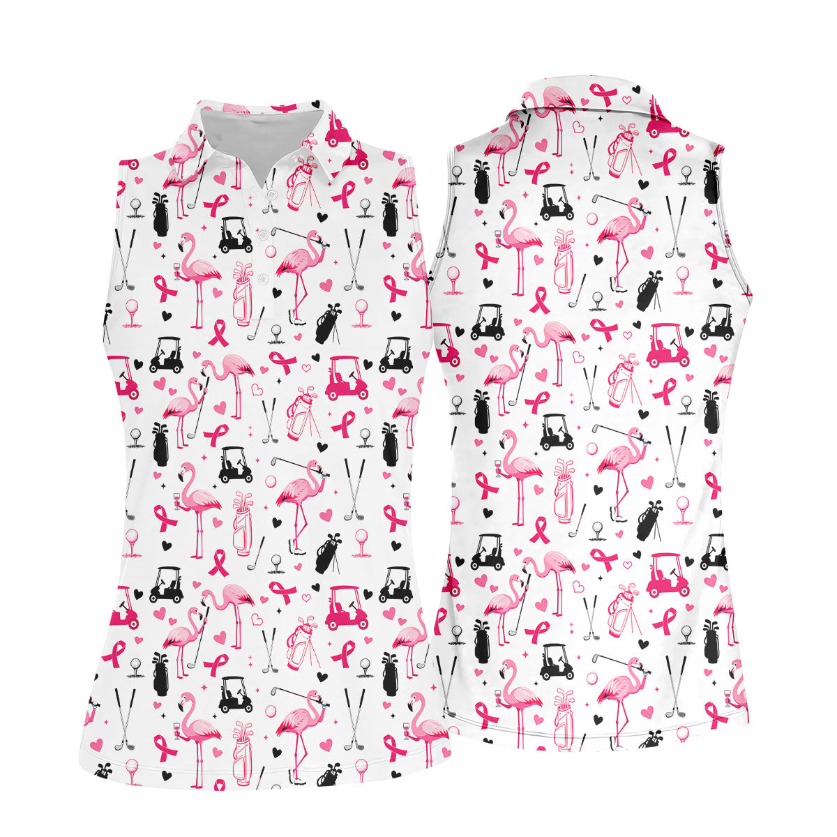 Pink Flamingo Golf Pattern Breast Cancer Polo Shirt, Ladies Golf Top, Women’s Golf Polo