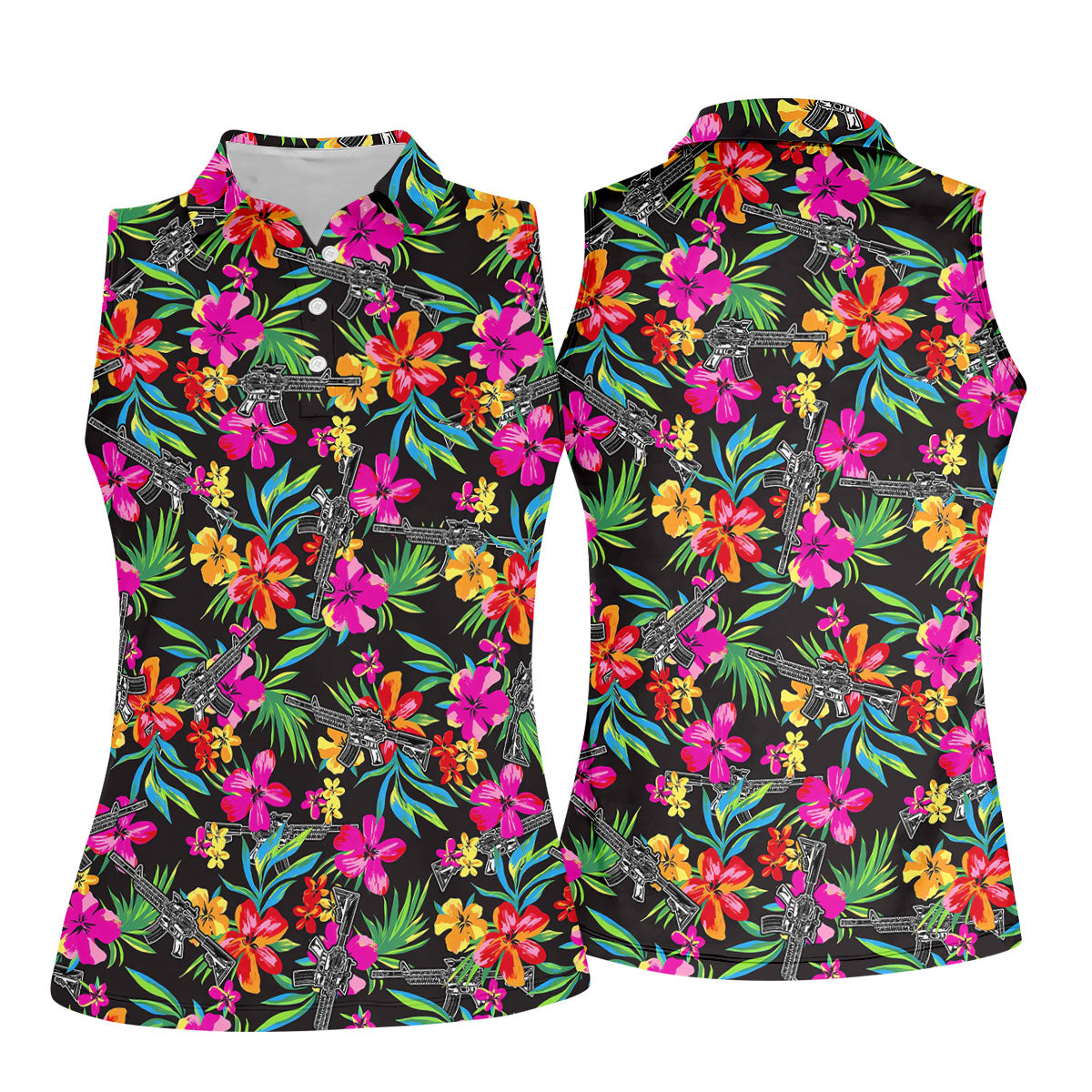 Black Tropical Floral Rifle Pattern Golf Polo Shirt, Golf Shirts For Women, Women's Golf Polo