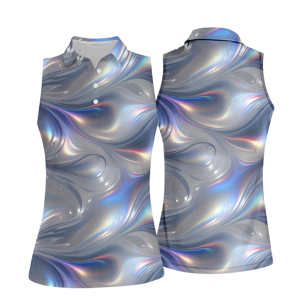 Silver Marble Golf Shirt, Futuristic Holographic Wave Pattern, Golf Shirt For Women