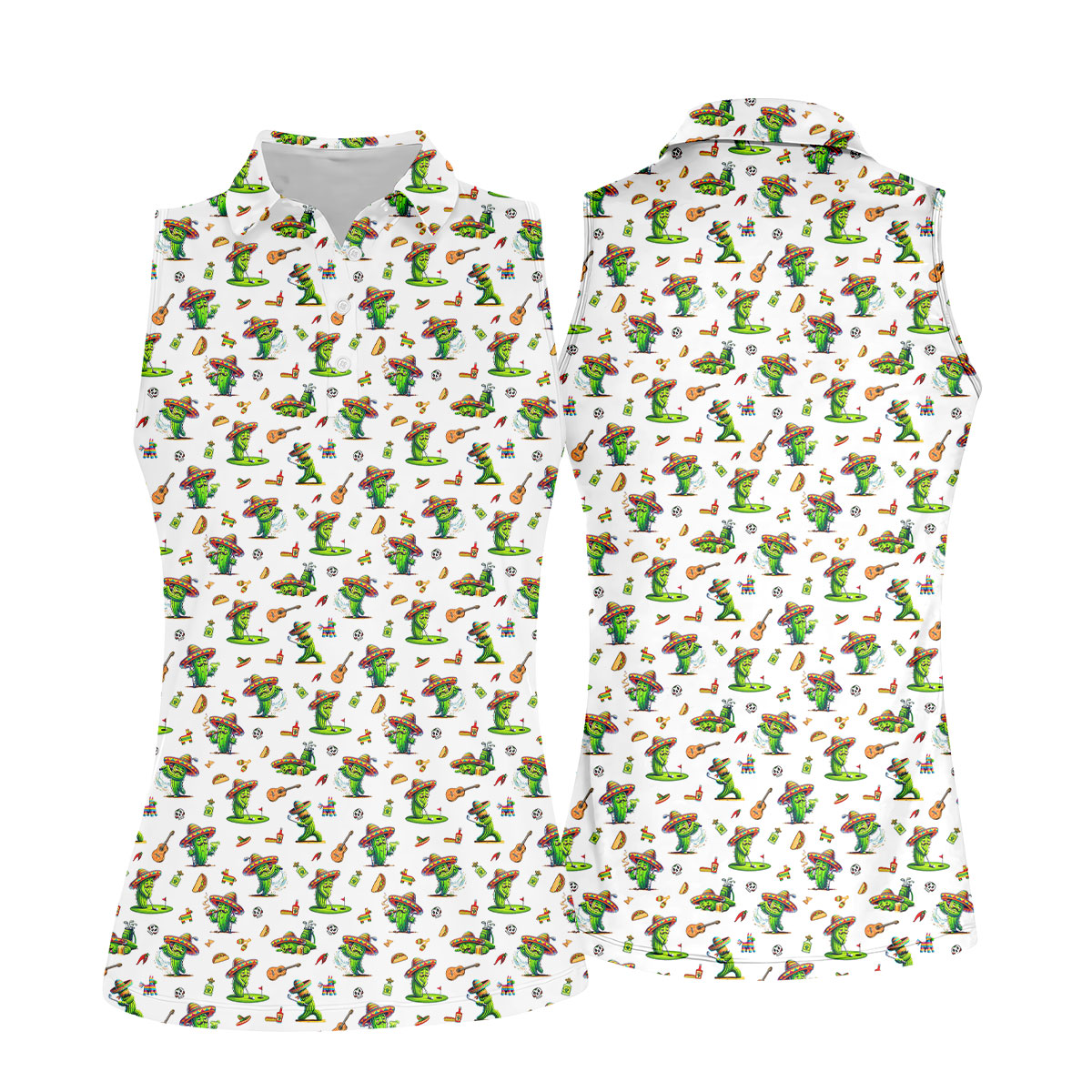 Cartoon Mustach Funny Cactus Cinco De Mayo Celebration Fiesta Themed White Golf Shirt For Women