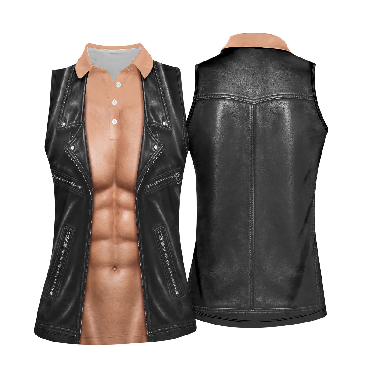 Black Leather Vest Illusion Golf Polo Shirt, Golf Shirts For Women, Women's Golf Polo