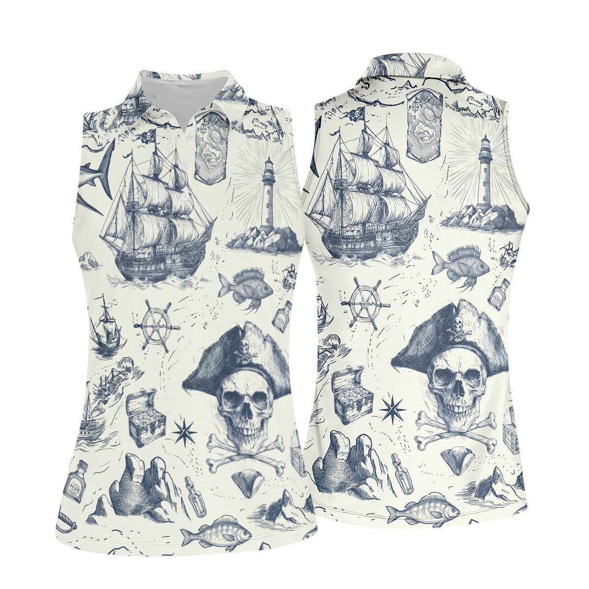 Ivory Vintage Pirate Map Pattern Golf Shirt, Women's Golf Shirt, Hawaiian Golf Shirt, Golf Polo For Women
