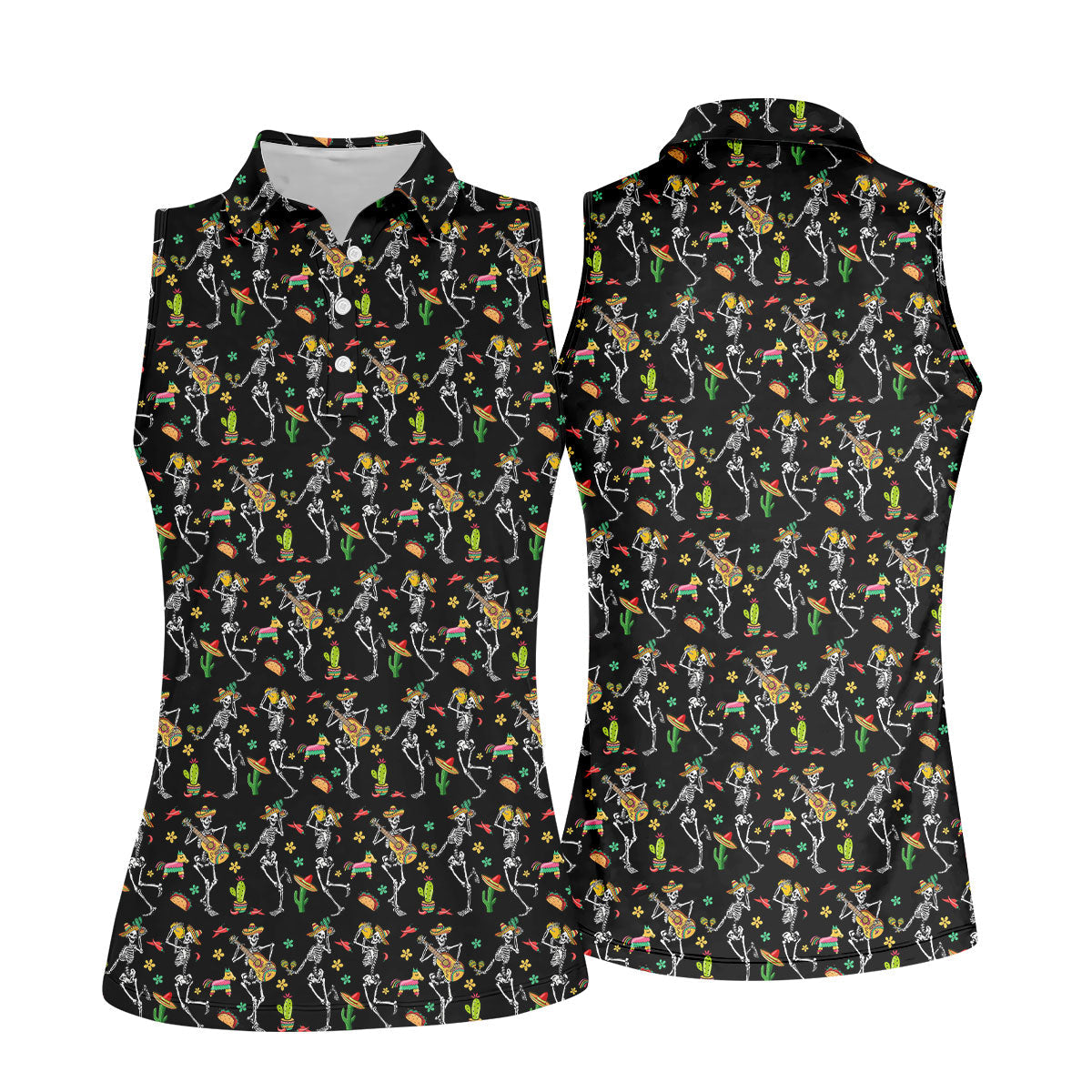 Dia De Muertos Skeletons Cinco De Mayo Celebration Fiesta Themed Black Golf Shirt For Women