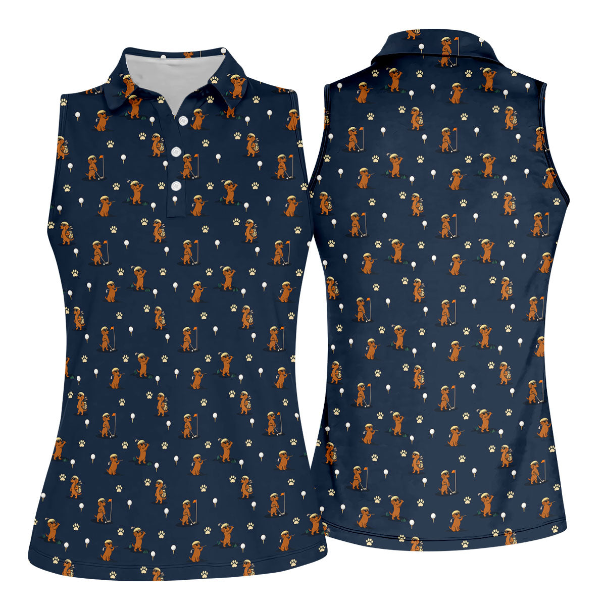 Cartoon Dachshund Golfer Pattern Golf Polo Shirt, Golf Tops For Women, Printed Golf Shirt