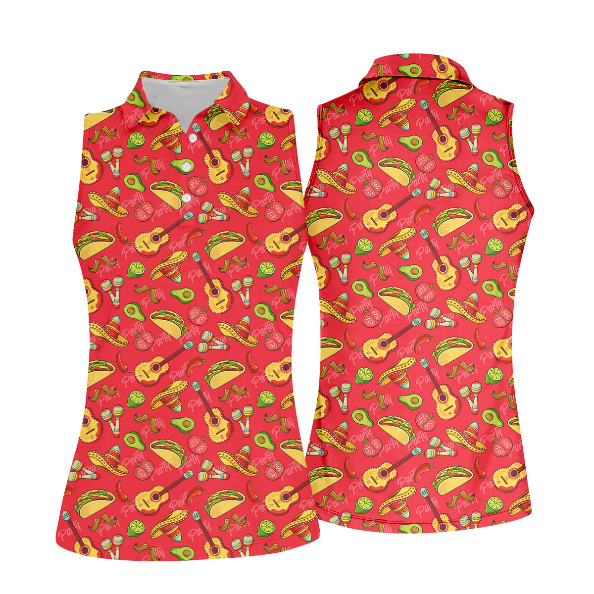 Mexican Party Seamless Pattern Red Ladies Golf Tops, Cinco De Mayo Celebration Golf Shirt For Women