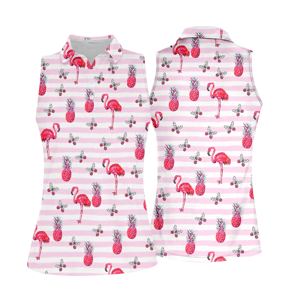 Pink Flamingo Pineapple Hawaiian Golf Polo Shirt, Golf Tops For Women, Printed Golf Shirt