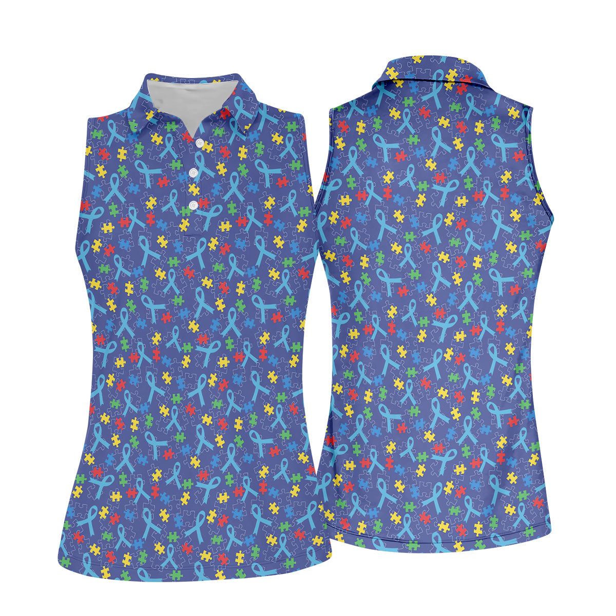 Autism Puzzle Ribbon Pattern Women's Golf Tops, Autism Awareness Color Ladies Golf Polos