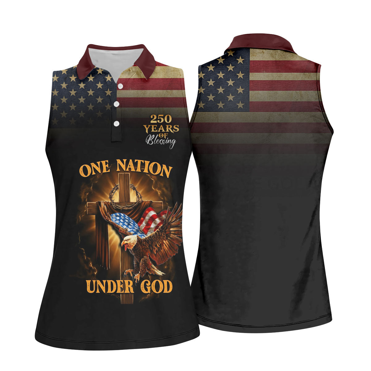 One Nation Under God 250 Years Faith Cross 4th Of July Golf Shirt, Patriotic Women's Golf Tops