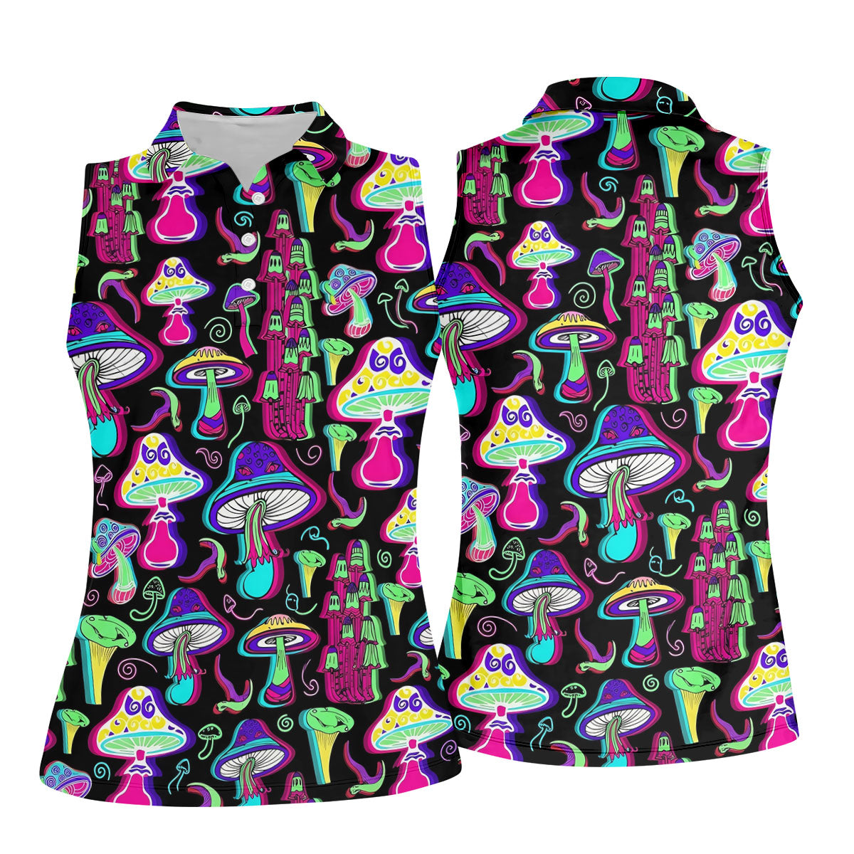Black Neon Mushroom Pattern Golf Shirt, Women’s Golf Polo, Golf Shirts For Women, Performance Golf Shirt