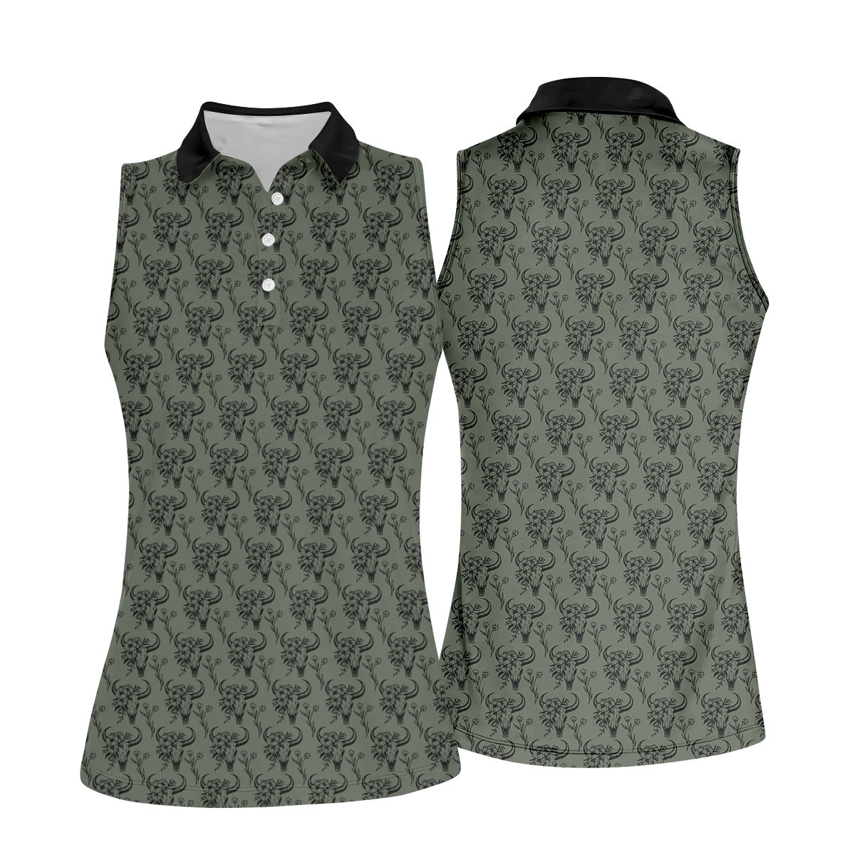 Cow Skull With Flowers Western Theme Forest Green Women Golf Top, Ladies Golf Shirts, Golf Shirt For Women