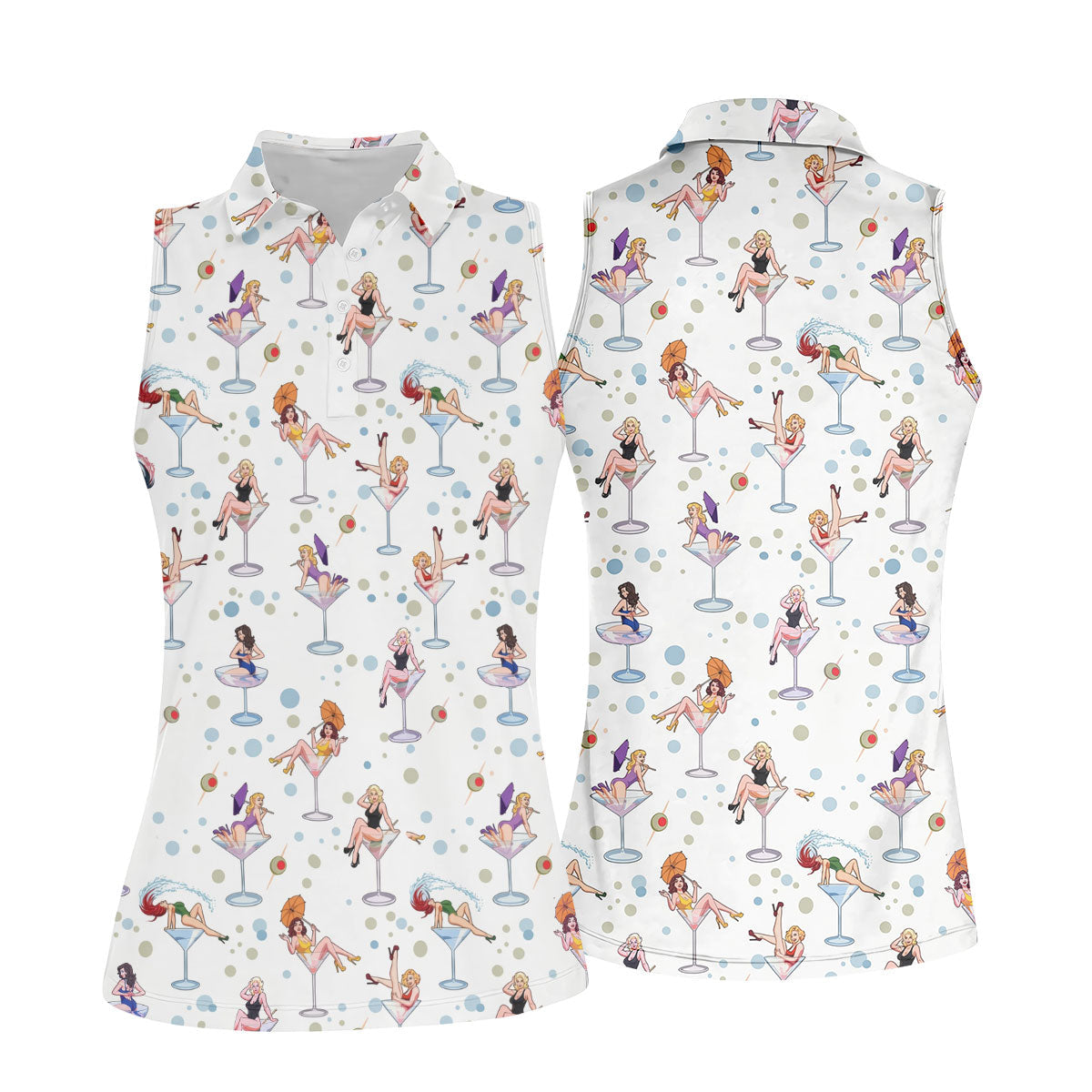 Retro Pin Up Martini Cocktail Hawaiian Golf Shirt, Ladies Golf Shirts, Performance Golf Shirt