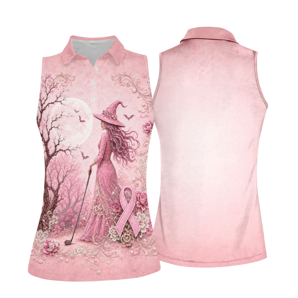 Breast Cancer Awareness Pink Witch Moon Women’s Golf Polo, Golf Shirts For Women