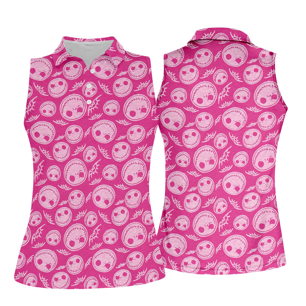 Pink Stitched Skull Halloween Golf Polo Shirt, Golf Tops For Women, Printed Golf Shirt