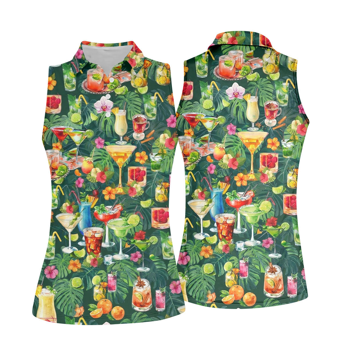 Tropical Cocktail Drinks And Floral Paradise Golf Polo, Hawaiian Golf Shirt, Ladies Golf Tops