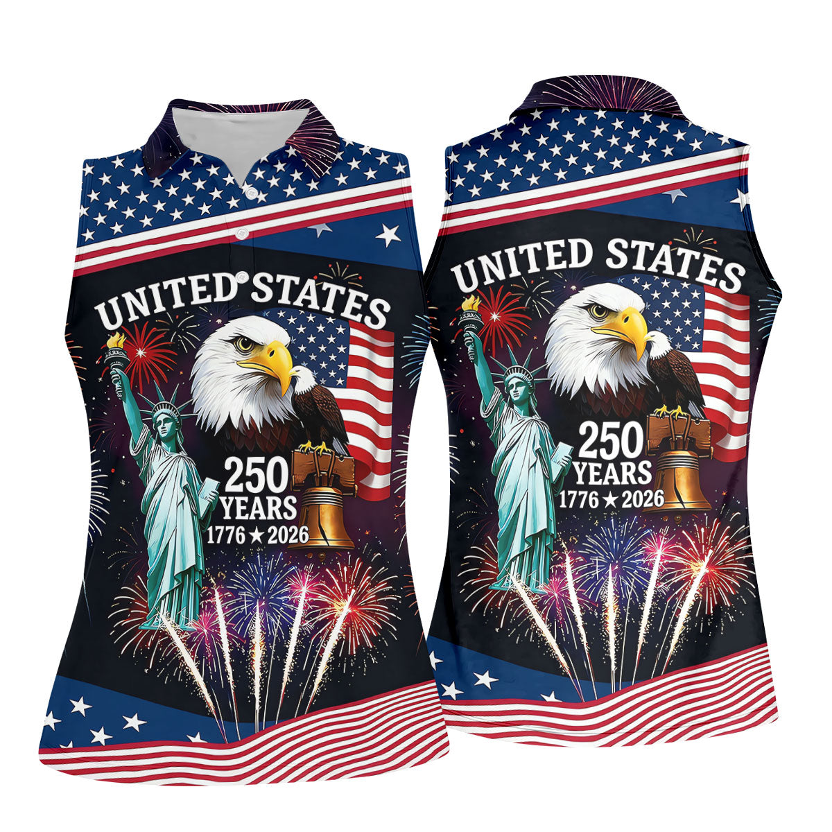 250 Years American Symbols US Flag Golf Shirt, Patriotic 4th Of July Golf Shirt For Women