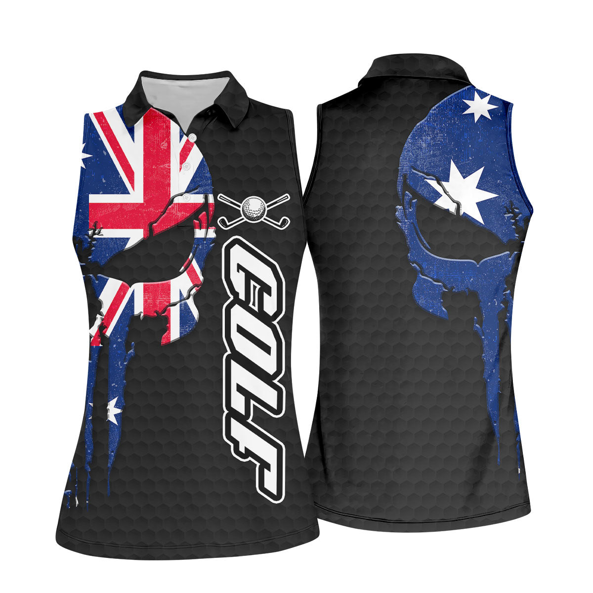 Cool Skull Golf Ball Pattern Australia Flag Print Black Golf Shirt, Golf Shirt For Women