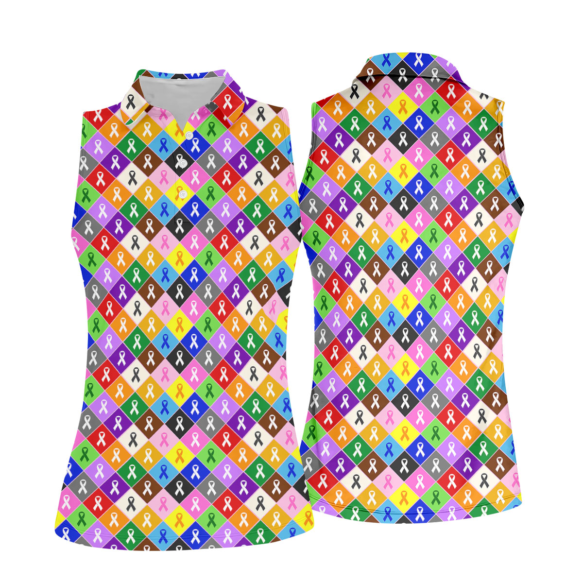 Colorful Awareness Ribbon Breast Cancer Golf Polo, Womens Golf Tops, Ladies Golf Shirts