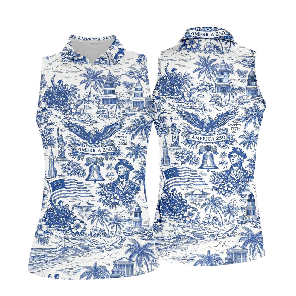 250 Years Of America Tropical Vibe Vintage Golf Polo Shirt, Patriotic 4th Of July Golf Shirt For Women