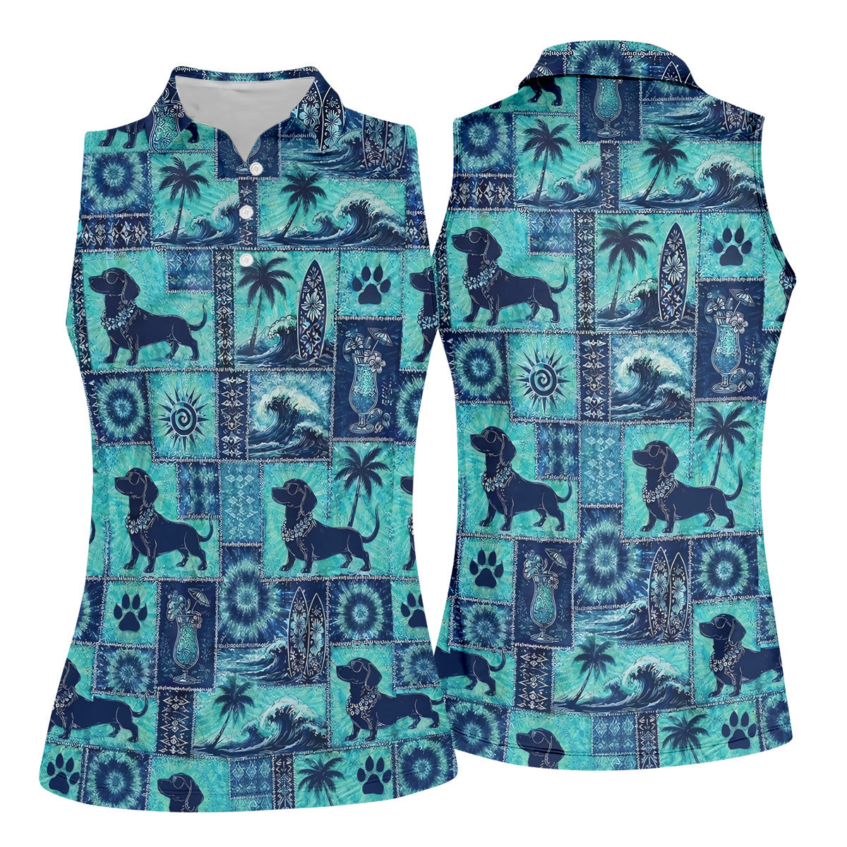 Funny Tropical Dog Surf Patchwork Golf Polo Shirt, Womens Golf Tops, Ladies Golf Top