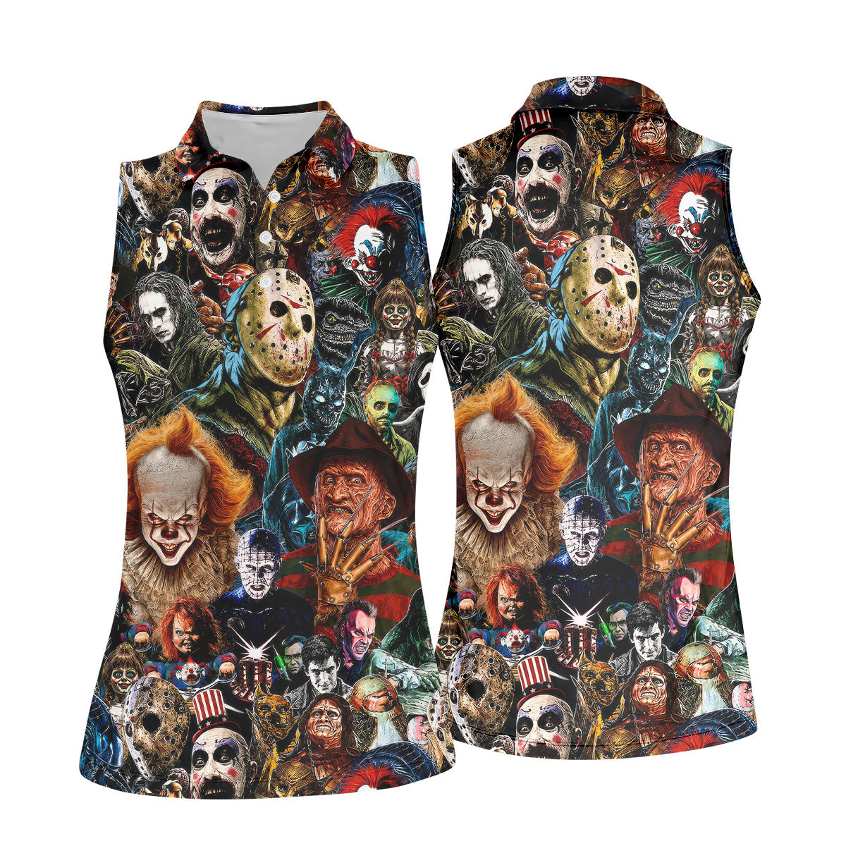 Classic Horror Character Icons Collage Golf Polo Shirt, Women's Golf Polo, Ladies Golf Shirts