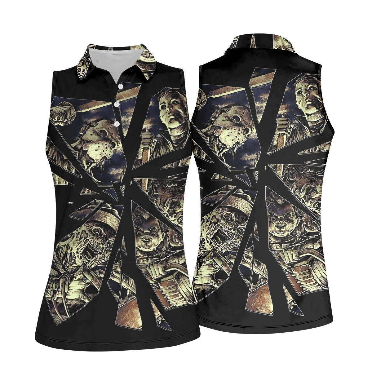 Broken Glass Horror Character Collage Golf Polo Shirt, Womens Golf Polo, Ladies Golf Shirts