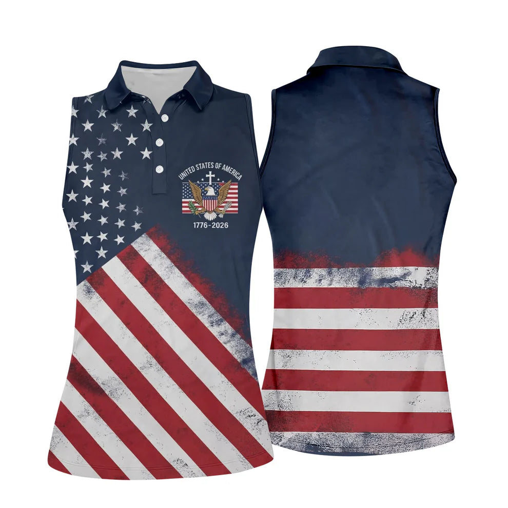 US Bald Eagle Distressed Flag 250 Faith Cross Ladies Golf Tops, Patriotic 4th Of July Golf Shirt For Women