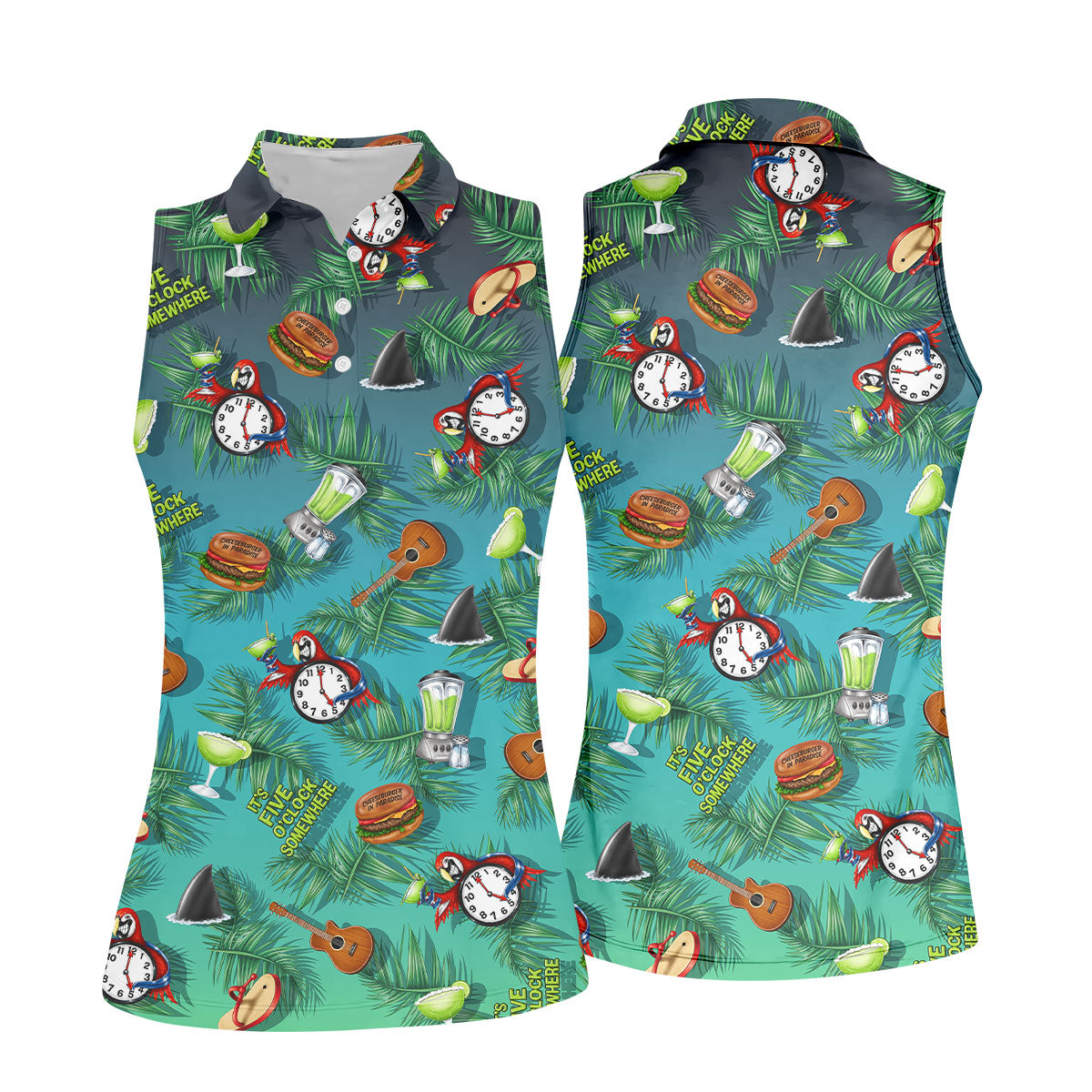 Teal Tropical Cocktail Parrot Pattern Golf Polo Shirt, Golf Shirts For Women, Women's Golf Polo