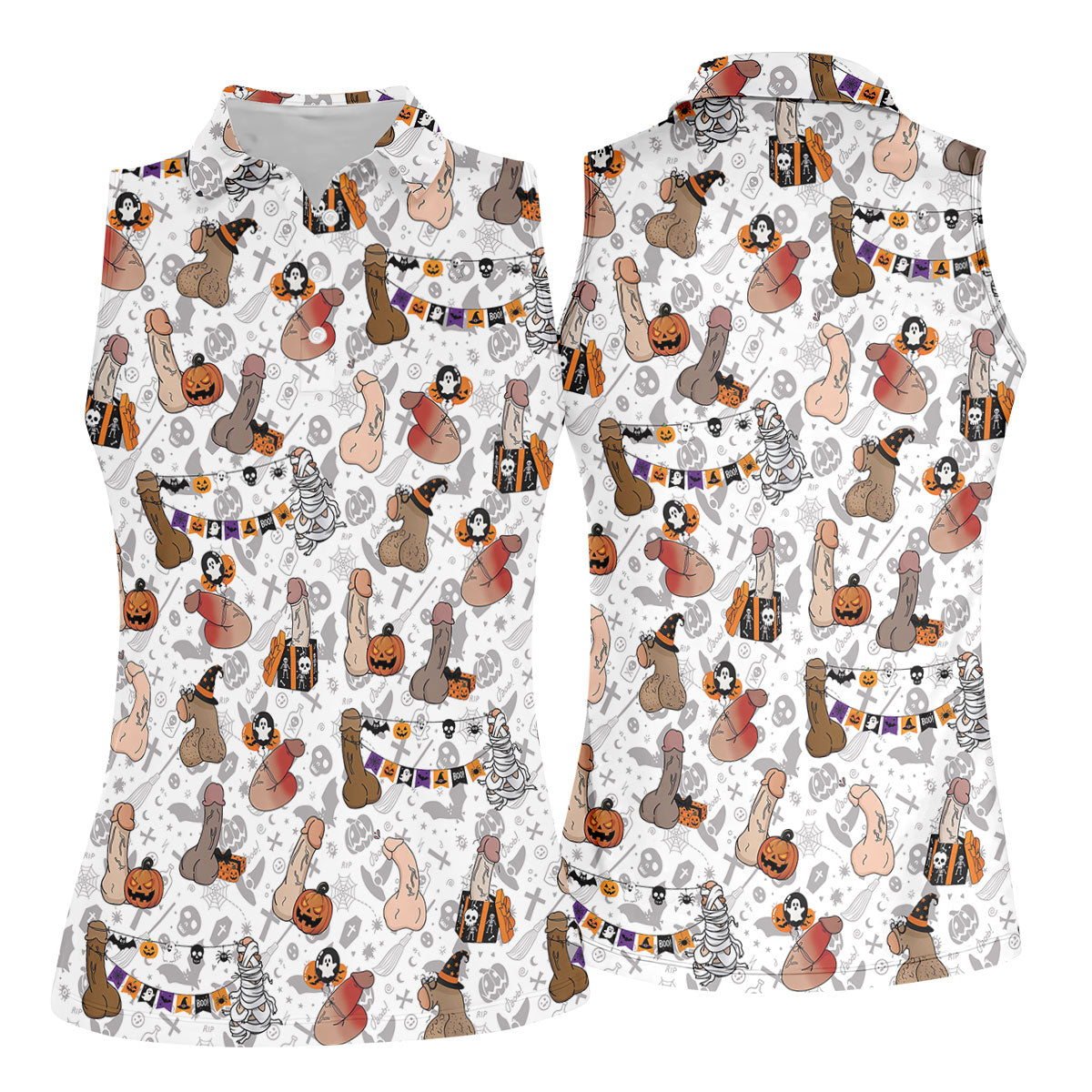 Funny Adult Halloween Pattern Hawaiian Polo Shirt, Women's Golf Tops, Women’s Golf Apparel
