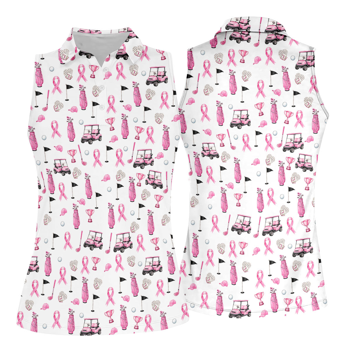Pink Golf Cart Ribbon Breast Cancer Polo Shirt, Womens Golf Polo, Golf Tops For Women