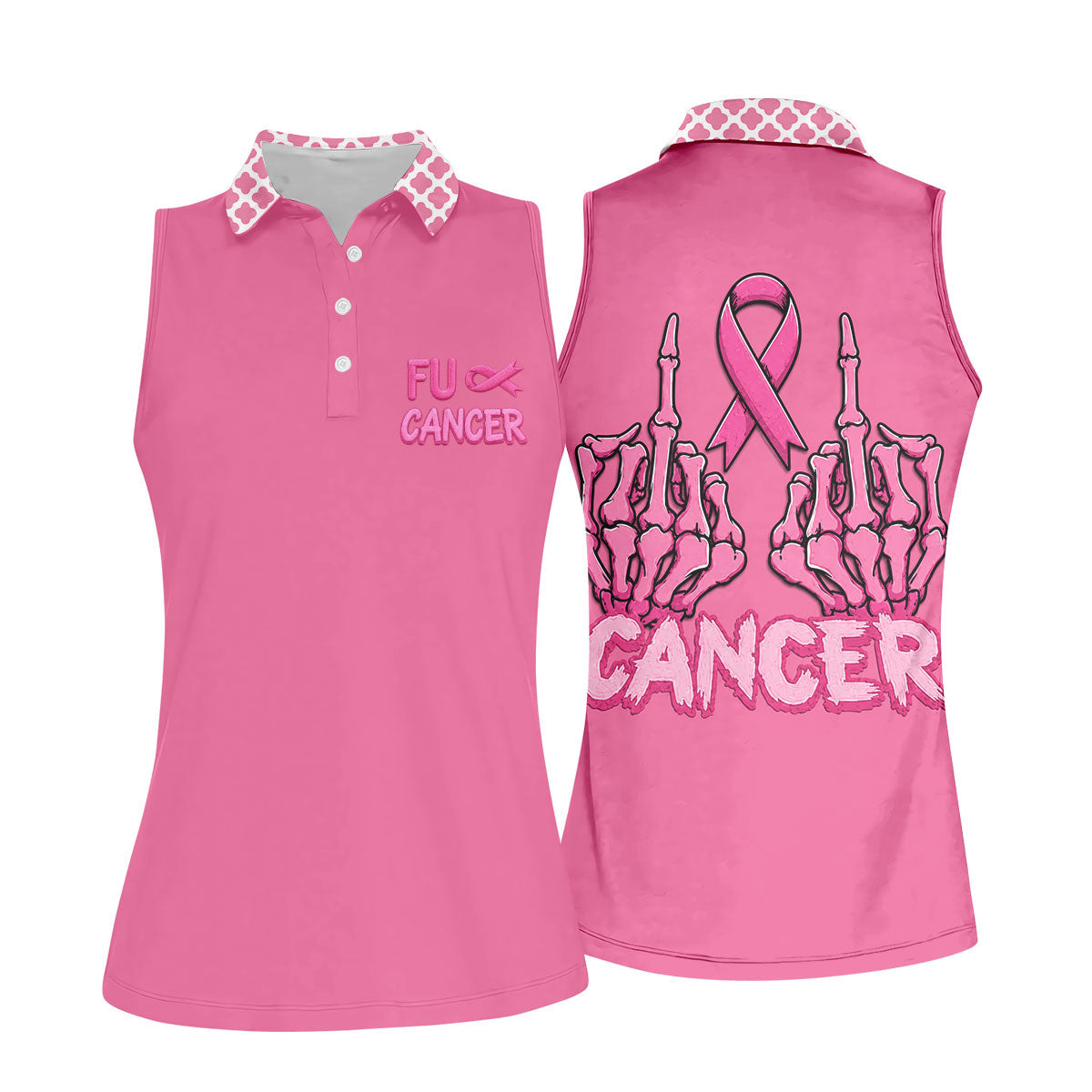 Pink F Cancer Skeleton Middle Finger Breast Cancer Polo Shirt, Ladies Golf Tops, Women’s Golf Polo