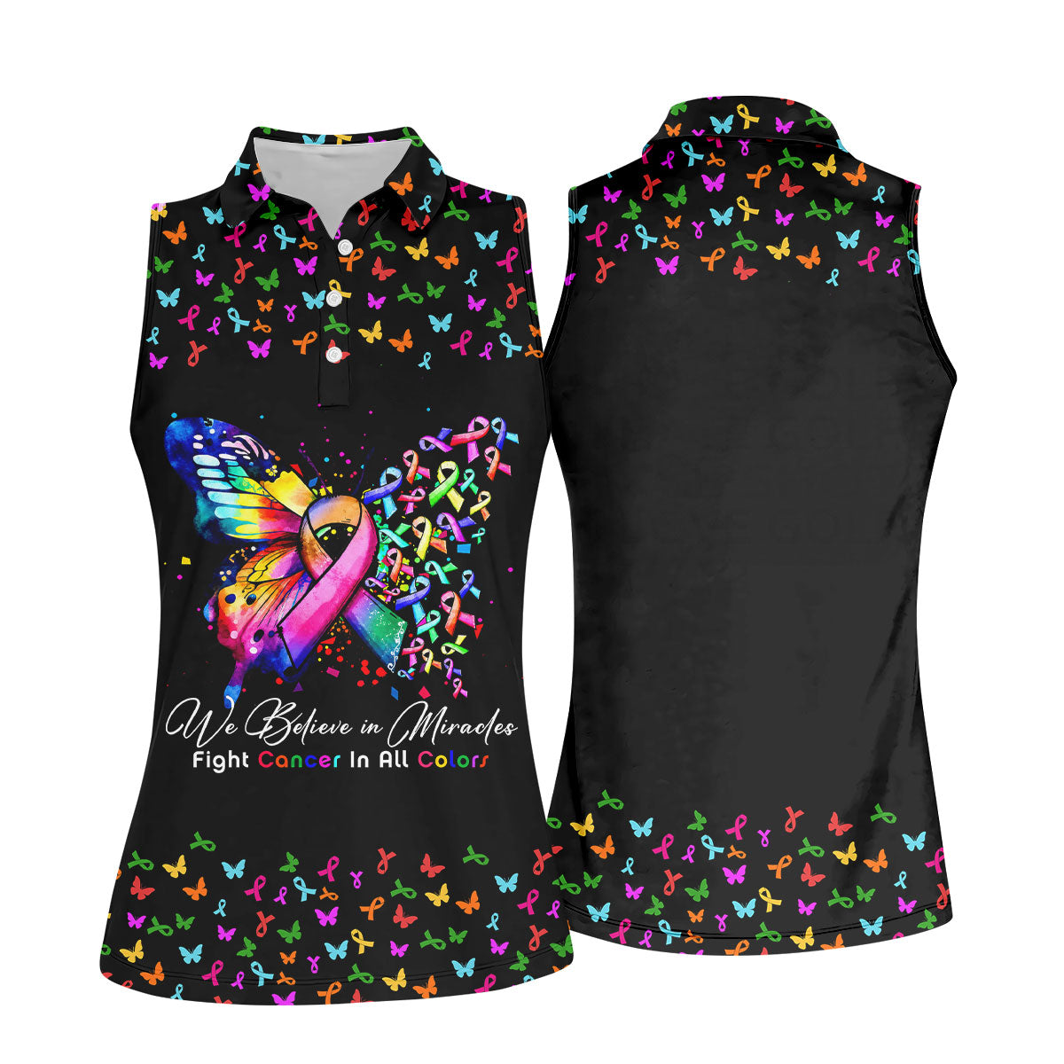 We Believe In Miracles Butterfly Breast Cancer Shirt, Women's Golf Tops, Ladies Golf Top